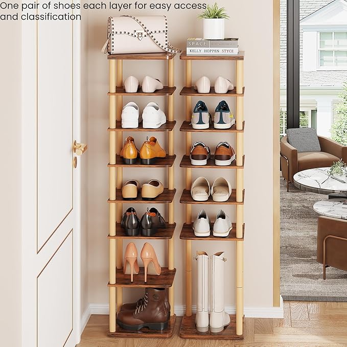 LUCKNOCK Vertical Shoe Rack, 8-Tier Tall Narrow Shoe Organizer for Entryway, Closet, Dorm & Small Spaces, Freestanding Wooden