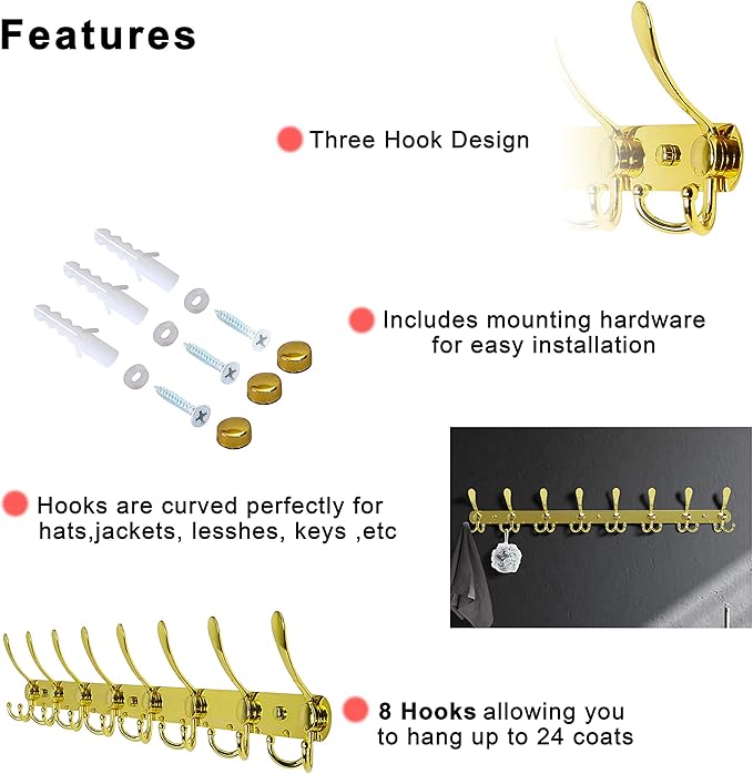 Dseap Coat Rack Wall Mount - 29.5” Long 8-Tri-Hooks Heavy Duty Coat Hanger Rail Wall Hooks for Hanging Coats Hats Clothing Cl