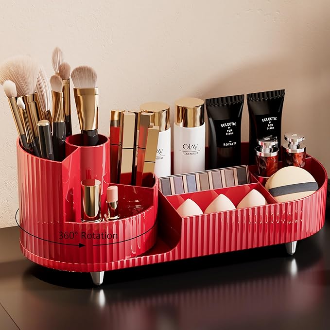 Rotating Makeup Organizer for Vanity with Brush Holder, Cosmetic Makeup Storage Organizer, Large Spinning Makeup Skincare Org
