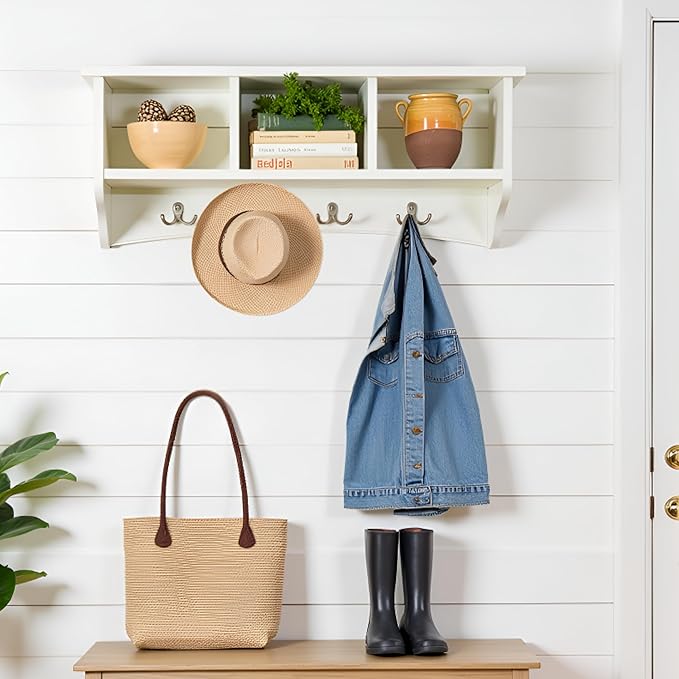 Shaker Cottage 36-Inch Wall-Mounted Coat Rack with 3 Open Shelves – Transitional Entryway Organizer, Mudroom Storage Shelf wi
