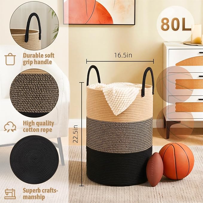Artfeel Laundry Basket,Woven Cotton Rope Laundry Hamper,80L for Decorative Storage of Dirty Clothes,Toys and Blankets in Bath