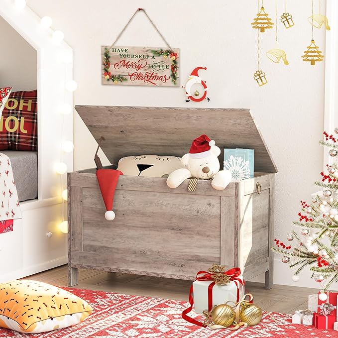 HOOBRO Toy Box, Retro Wooden Look Storage Chest with Safety Hinge, Entryway Storage Bench Supports 220 lb, 29.9 x 15.7 x 18.9