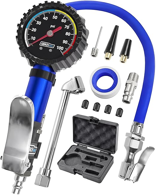 Tire Inflator with Pressure Gauge Heavy Duty Air Chuck with Gauge for Air Compressor Tire Inflator Attachment - 100PSI, with Case