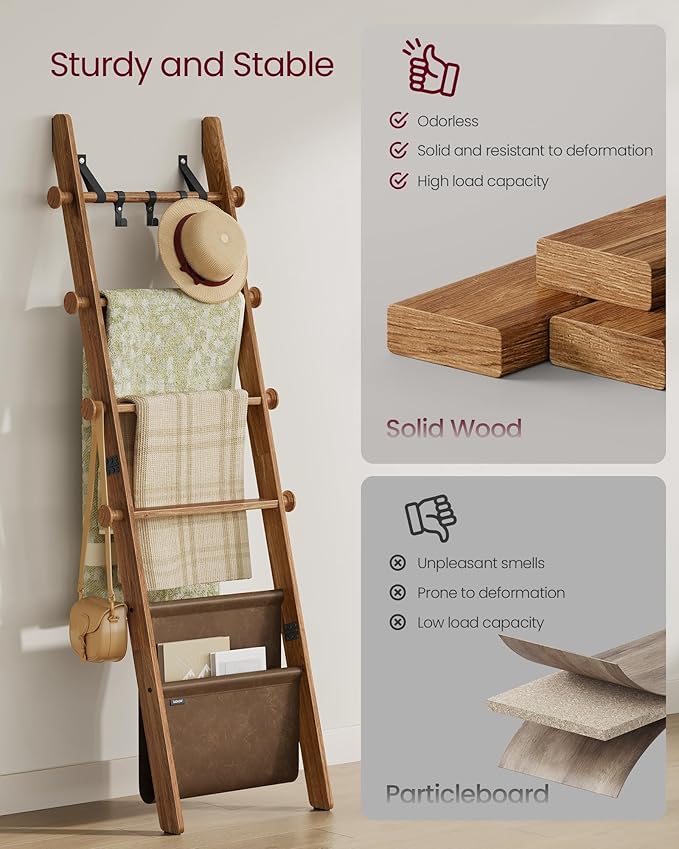 VASAGLE Blanket Ladder for Living Room, 5-Tier Wooden Ladder Shelf, Decorative Farmhouse Blanket Rack with Synthetic Leather 