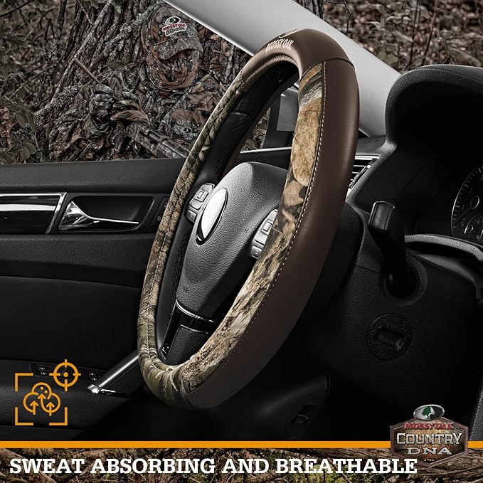 Mossy Oak Camo Steering Wheel Cover, Durable Grip Car Steering Cover, Universal Fit 14.5"–15.5" - Made with Premium Brown PVC