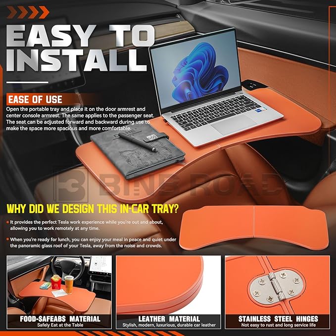 Leather Tray Table Folding Car Table Compatible with Tesla Model 3 Y – Multi-Use Dining Tray & Laptop Stand, Fits Front Driver & Passenger Seats,Orange