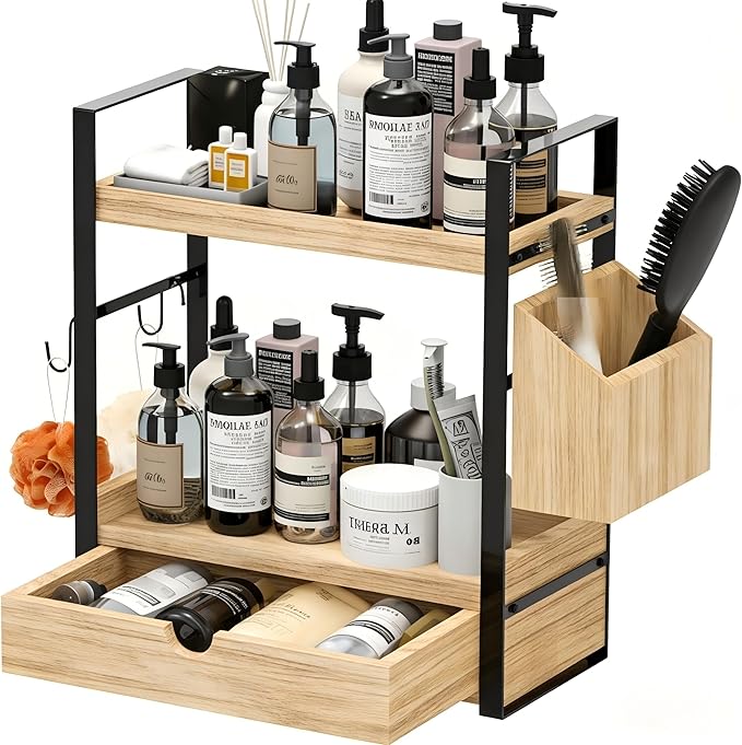 2-Tired Bathroom Counter Organizers and Storage, Bathroom Countertop Organizer with Drawer, Solid Wood Skincare Perfume Organ