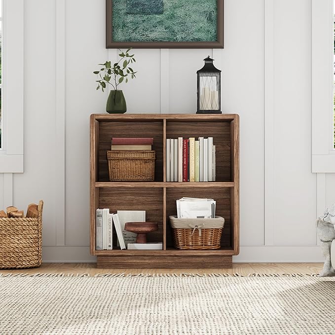 ChooChoo 4 Cube Storage Organizer, Wooden Bookcase with Storage, Cube Storage Bookshelf for Bedroom and Home Office, Brown Wa
