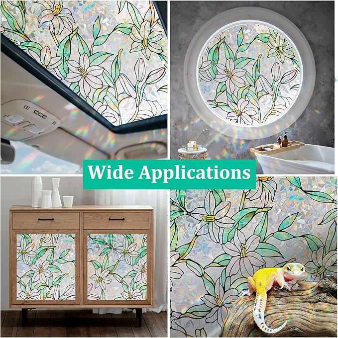 Coavas Static Cling Privacy Window Film, 96% UV & Heat Blocking, Stained Glass Window Film Floral Design, Non-Adhesive, for Bathroom, Front Door, Shower Enclosure‌(Vinyl, 23.6" x 78.7 ")