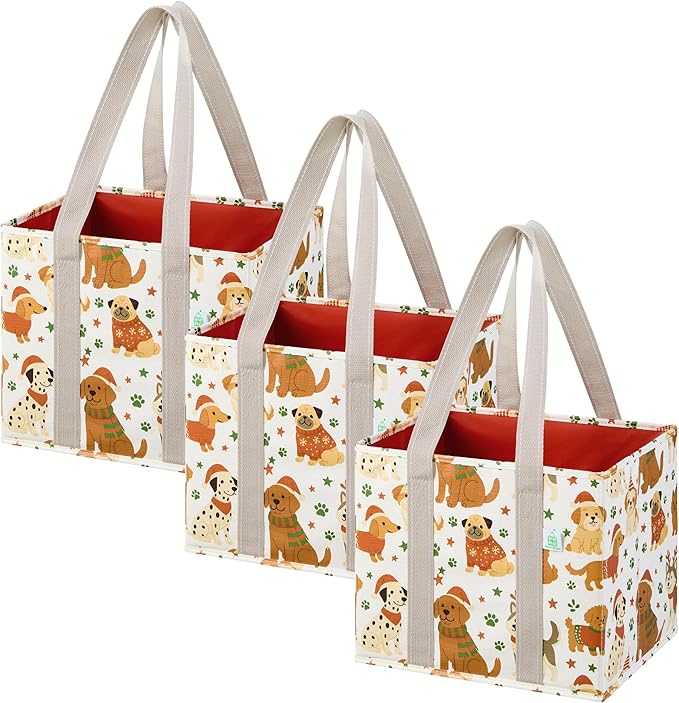VENO 3 Pack Christmas Reusable Grocery Bags, Shopping Bags for Groceries, Tote with Handles and Hard Bottom, Foldable Shopping Cart Organizer, Water Resistant, Heavy-Duty (Holiday Pups, 6 Gallon)