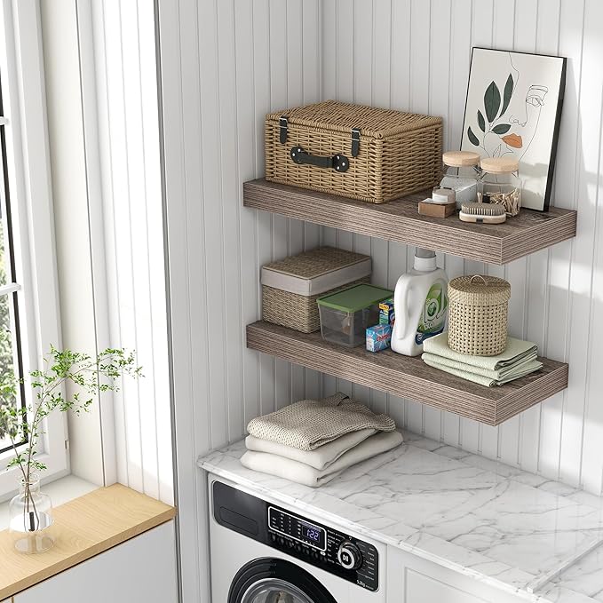 30 Inch Floating Shelves | 12 Inch Deep Grey Floating Shelves Set of 2 | 30" W x 12" D Rustic Wood Shelves for Wall | Deep Gr