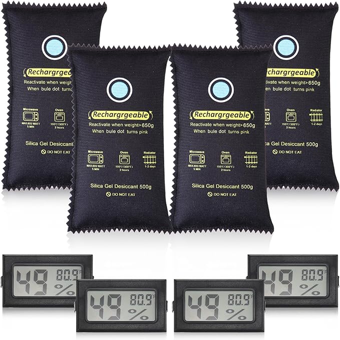 8 Pcs 500 Grams Rechargeable Silica Gel Desiccant Packets with Mini Digital LCD Hygrometer Thermometers Dehumidifier Bag for