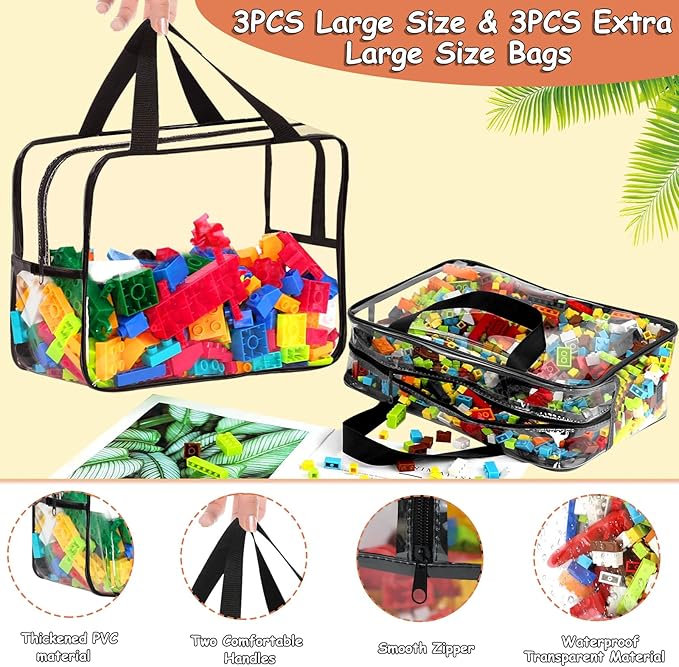 6 Packs Large Toy Storage Bags with Labels, Reusable Clear PVC Board Game Storage, Travel Waterproof Organizer Bags with Zipp