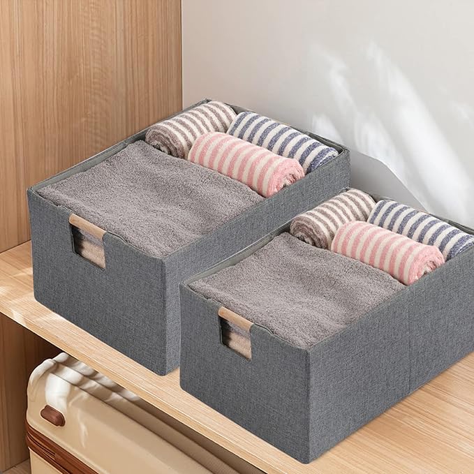 Fabric Storage Bin Box Foldable Cotton Linen Storage Basket with Wooden Handles Rectangular Cube Decorative Home Laundry Orga