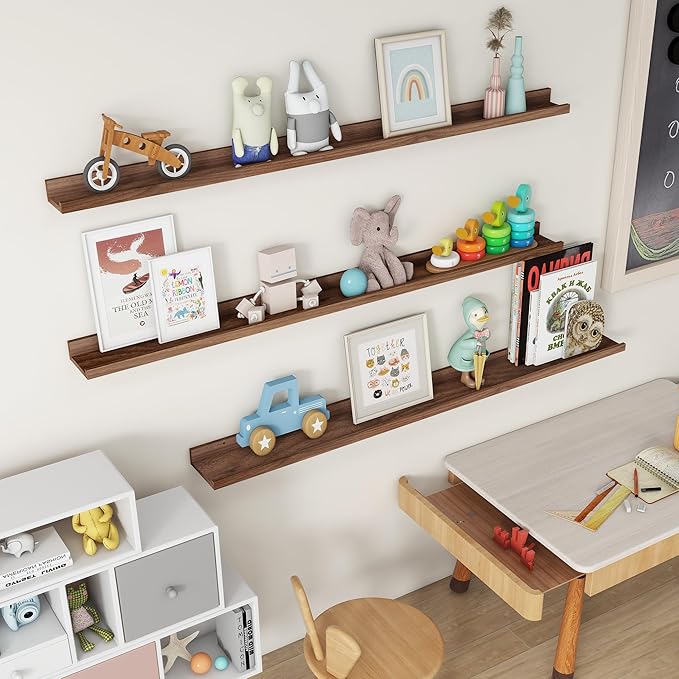 Axeman Picture Ledge Shelf | 55 Inch Walnut Floating Shelves Set of 3 | Rustic Wood Wall Shelves with Lip | 55" Walnut Pictur