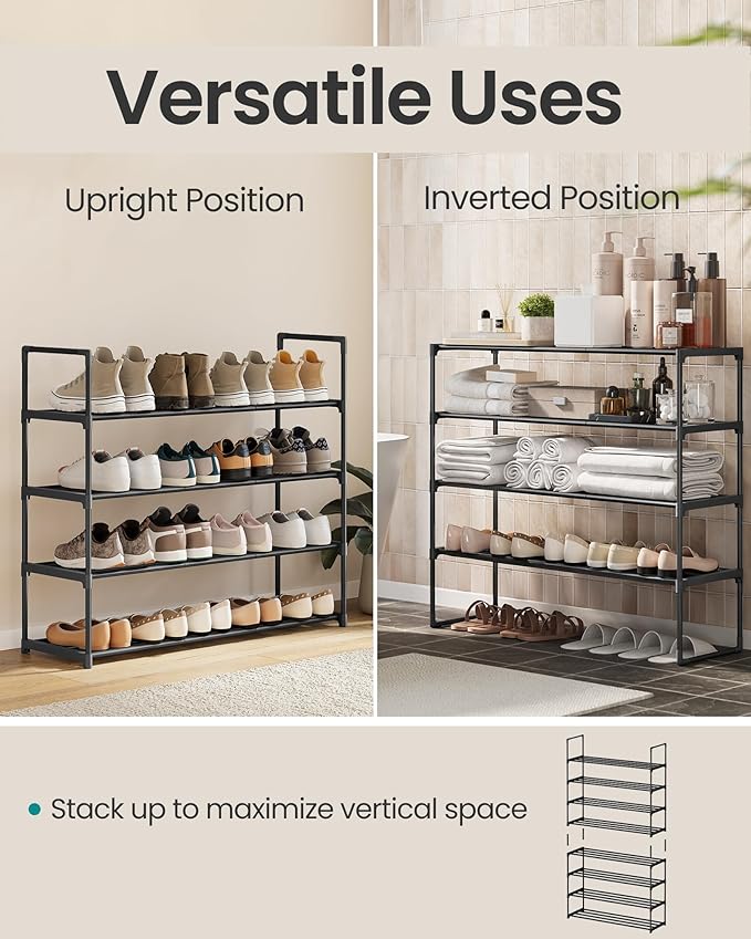 SONGMICS Shoe Rack, 4-Tier Shoe Organizer, Metal Storage Shelf, Upright or Upside Down, for 20-25 Pairs, Stackable, for Entry