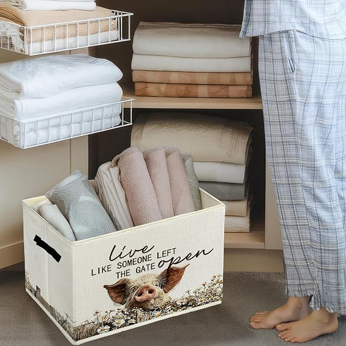 Rustic Pig Storage Bins & Boxes with Handles, Farmhouse Pig Foldable Basket for Organizing, Live Like Someone Left the Gate O
