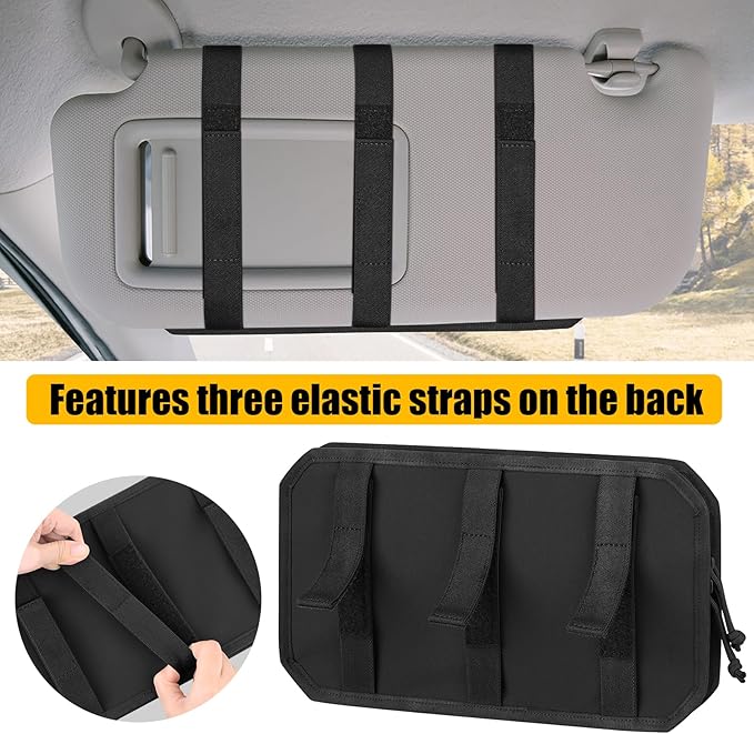 Car Sun Visor Organizer, Tactical Sunvisor Organizers Storage Covers for Trucks, Molle Panel with Pockets Zipper Visor Storage Pouch Accessories, Fits Most Vehicles, SUVs & Jeeps (BK)
