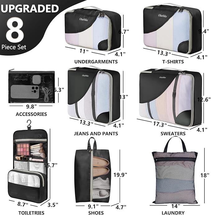 8 Set Packing Cubes for Travel, Gifts for Women Mom,Anti-Tearing Suitcase Organizer for Luggage with Shoe & Hanging Toiletry 