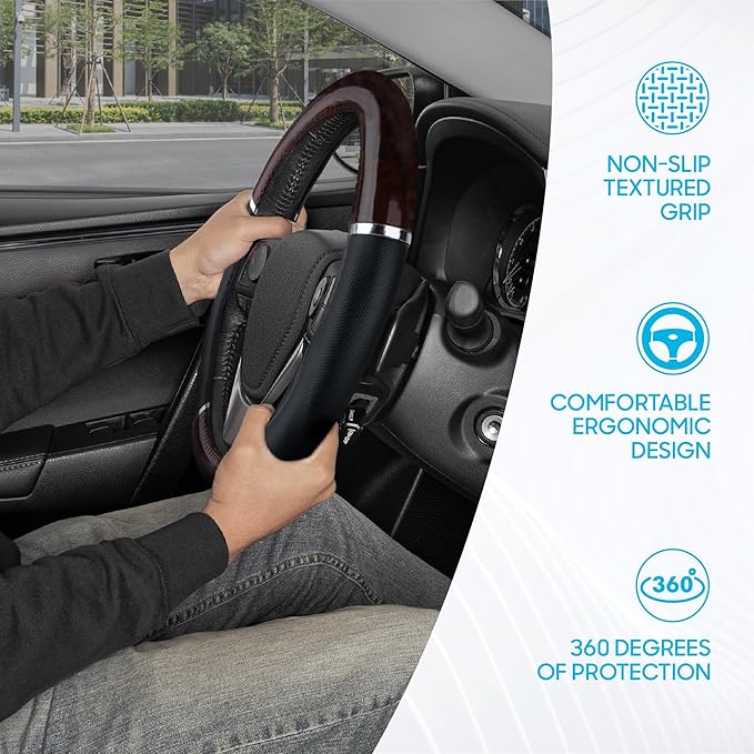 BDK Dark Wood Grain Car Steering Wheel Cover, Standard 15 inch with Black Faux Leather Grip, Made to Fit Most Auto Truck Van 