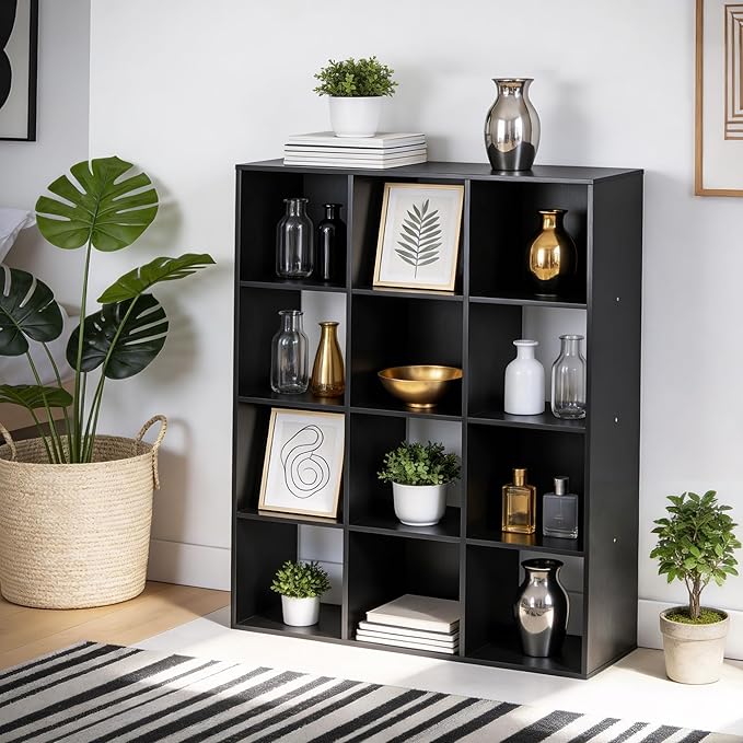 SUPER DEAL 12 Cube Storage Organizer, Open Shelf Bookcase, Wood Cubical Shelves Closet Cabinet Display Unit with 6 Removable 