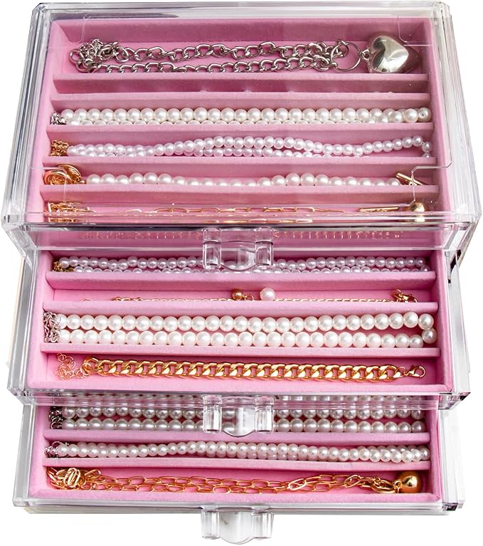 YUFONG Necklace Holder Organizer, Dustproof Necklace Box Velvet Necklace Organizer Box with Lid Clear Acrylic Dustproof Stack