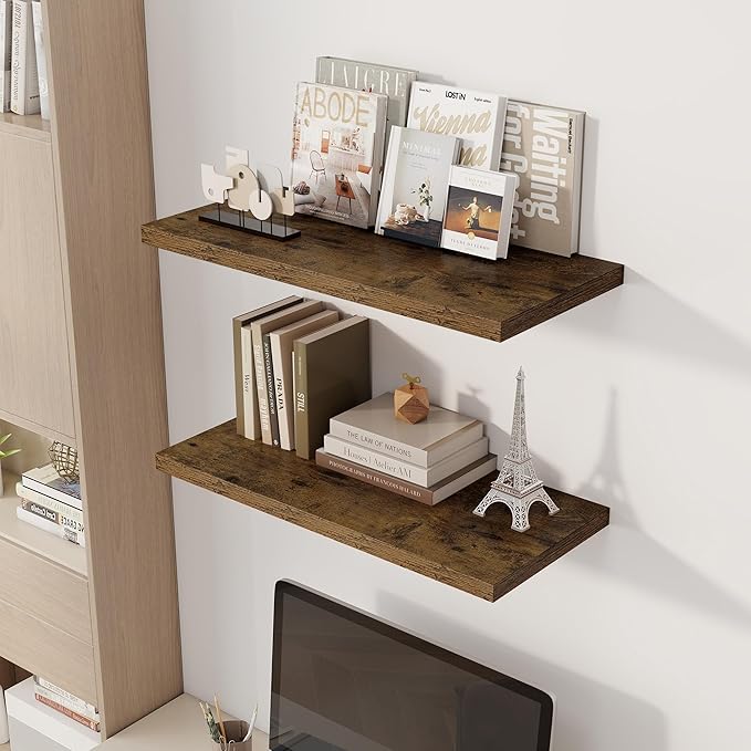 Dreamland 30" Floating Shelves for Wall, 12" Deep Slim Rustic Brown Floating Shelves, Wall-Mounted Shelves for Bedroom, Livin