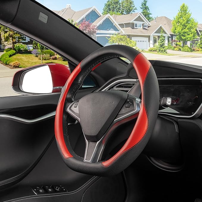 SEG Direct D Shaped Steering Wheel Cover, Flat Bottom Car Wheel Cover 14 1/2-15 in. (37-39 cm), Black and Red Microfiber Leat