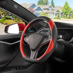 SEG Direct D Shaped Steering Wheel Cover, Flat Bottom Car Wheel Cover 14 1/2-15 in. (37-39 cm), Black and Red Microfiber Leat