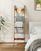 Hzuaneri Blanket Ladder for Living Room, Decorative Quilt Rack with 4 Removable Hooks, 5-Tier Farmhouse Ladder Holder Shelf O