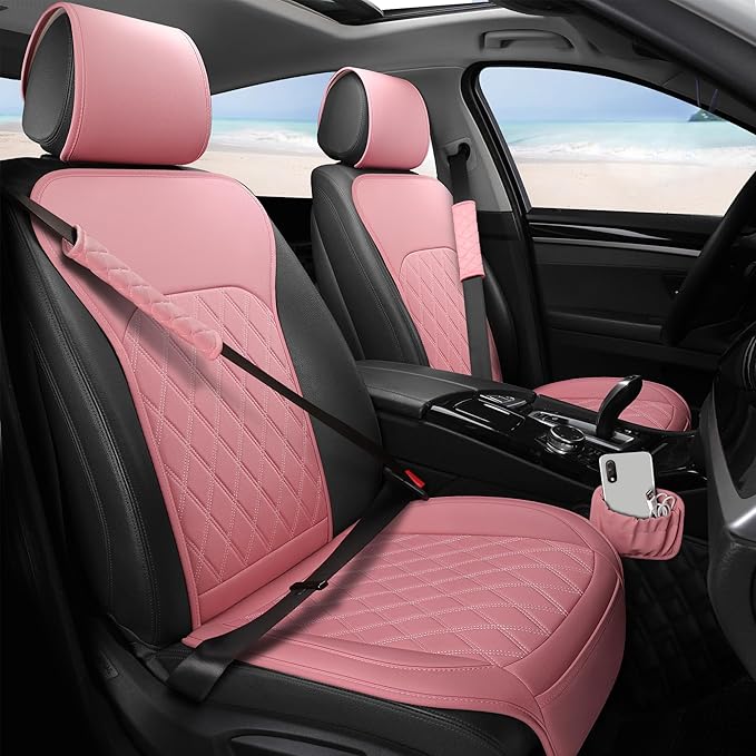 Sanwom Front Car Seat Covers - Leather Seat Covers with Storage Pocket and Two Belt Pads, Anti-Slip Waterproof Universal Seat