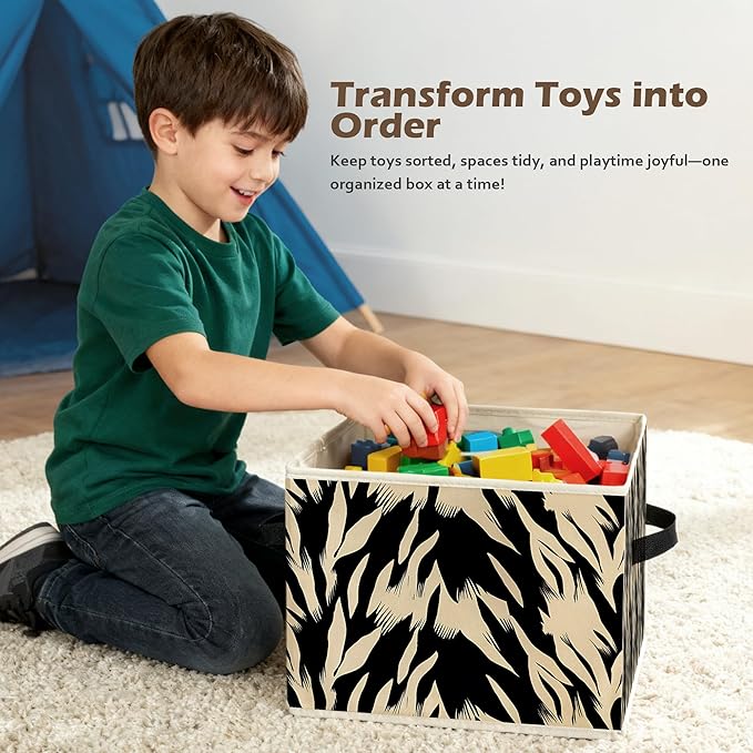 Black and Beige Abstract Storage Box Bins, Boho Modern Abstract Zebra Striped Collapsible Storage Basket Organizer for Bedroo