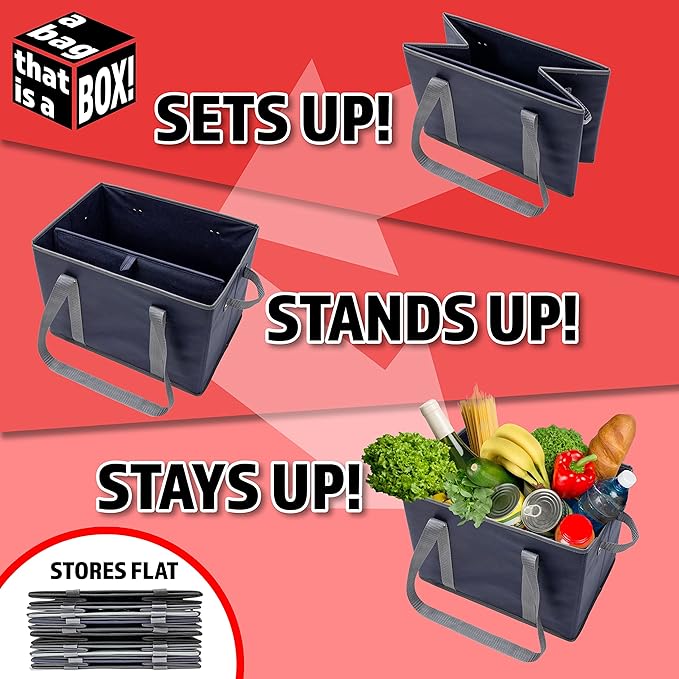 BAG-THAT! 4pk Reusable Grocery Bags Shopping Bags Tote Box Large Heavy Duty Groceries Bag Handles Foldable Reinforced Bottom (Navy Blue/Gray)