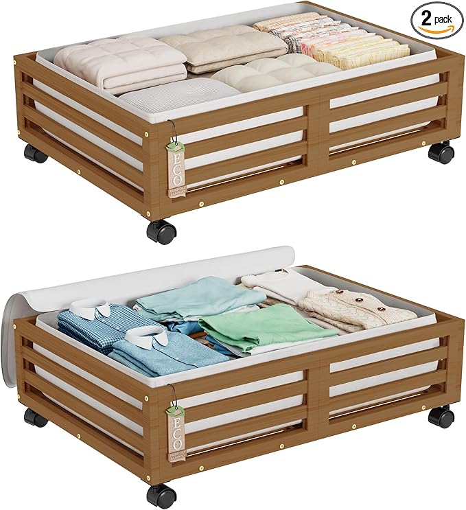 Wisuce Bamboo Under Bed Storage Containers- Underbed Organizer with Wheels with Large Dust Bag,Sturdy Wood Rolling Under the 