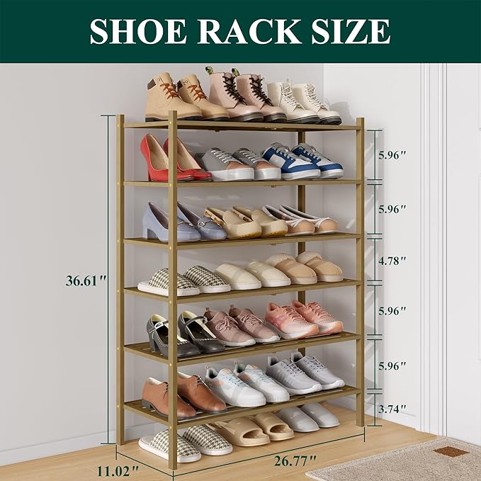 Smiry Bamboo Shoe Rack 6-Tier, Stackable Wooden Shoe Organizer for Entryway & Closet, Free Standing Wood Shoe Storage Shelf f