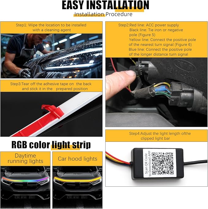 DREAMIZER 71" 12V RGB Car LED Lights Exterior Flexible Hood Light Strip,IP68 Waterproof Dynamic Car LED Strip Light with Turn Signal for Cars Truck SUV,APP Control