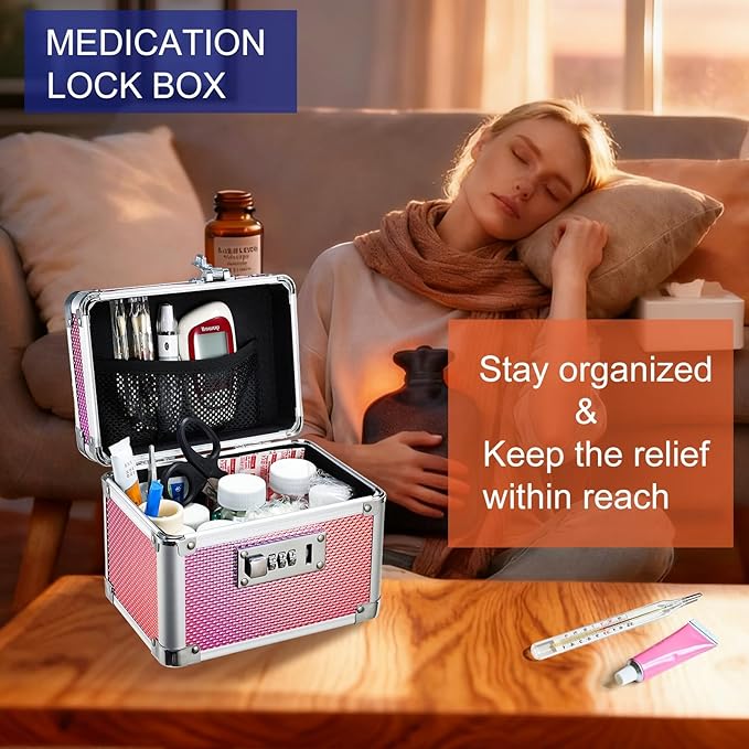 Adazzo Medicine Lock Box with 3-Digit Combination Lock – Pink Lockable Storage Box for Medication, Small Lock Box for Valuabl