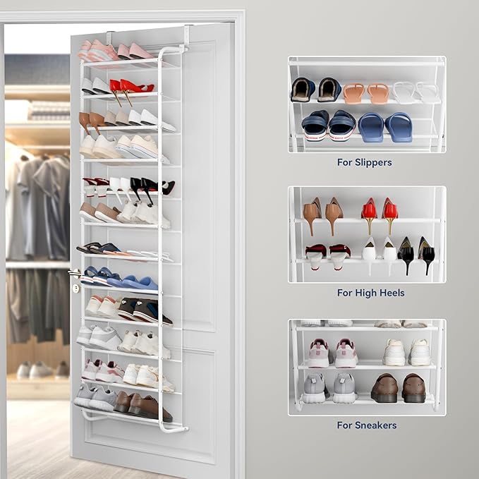Whitmor 36 Pair Over The Door Shoe Organizer, 12 Tier Hanging Shoe Organizer, Heavy Duty Metal & Mesh Shoe Holder, Hanging Sh