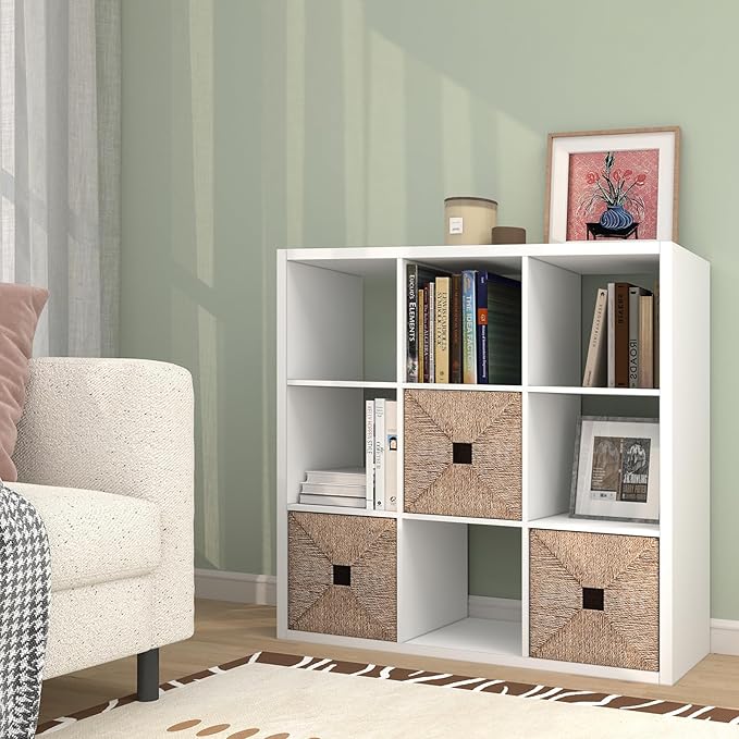 CTESNE【2026 Wooden Thick Frame 9 Cube Storage Organizer Shelf with Anti-Tipping Kits + Reversible Open Back Bookcase, Horizon