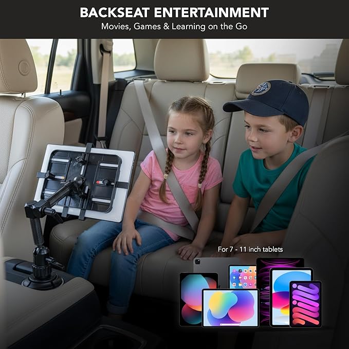 Mount-It! Carbon Fiber Cup Holder Tablet Mount Tablet Holder for Car Truck SUV, Adjustable 7–11 Inch iPad & Tablets, 18" Extension Arm, 360° Rotation, Fits 2.75"–3.5" Cupholders, ELD GPS Holder
