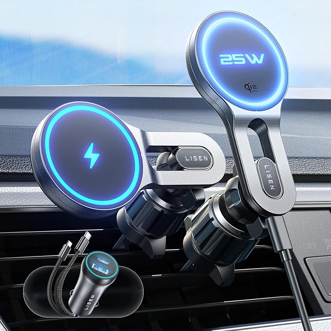 LISEN for Qi2.2 25W MagSafe Car Mount Charger, [Stable & Fast Charging] Magnetic Wireless Car Charger, Car Phone Holder Charger Car Accessories Fits iPhone 17 Pro Max Air 16/15/14/13/ Galaxy S26 Ultra