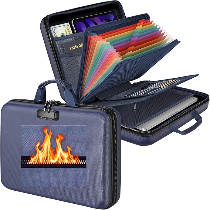 Fireproof Document Organizer Bag, 5200℉ File Organizer Safe Box, Hard Shell Document Bag with 13 Pocket Accordion File Folder