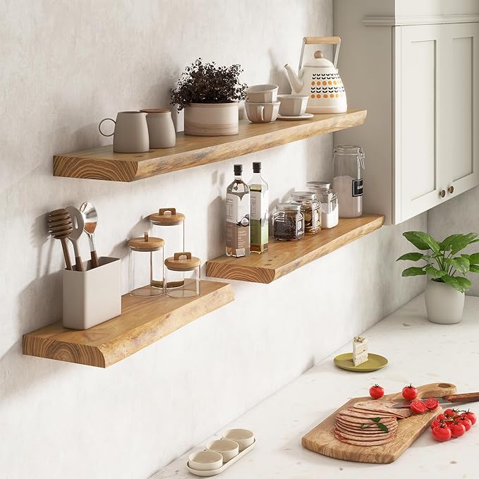 Live Edge Elm Floating Shelves for Wall Decor, Rustic Solid Wood Shevles Wall Mounted with Invisible Bracket for Living Room 