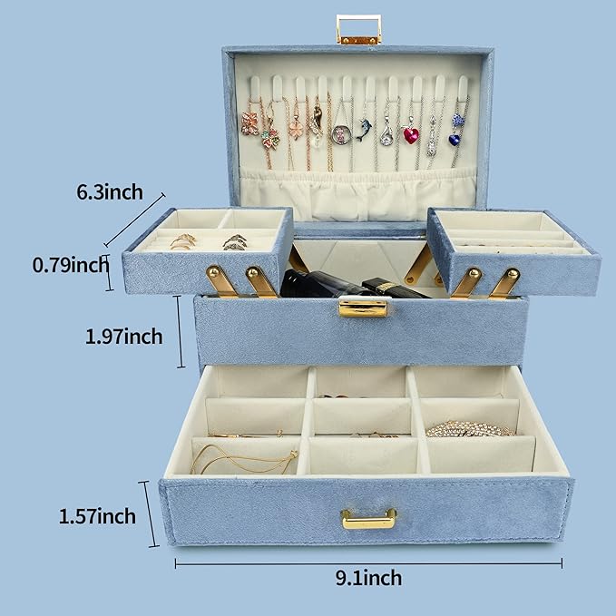 Dajasan Jewelry Organizer Box, Large Jewelry Boxes for Women Girls, Space-Saving 3 Layers Jewelry Storage Case with Drawer, G