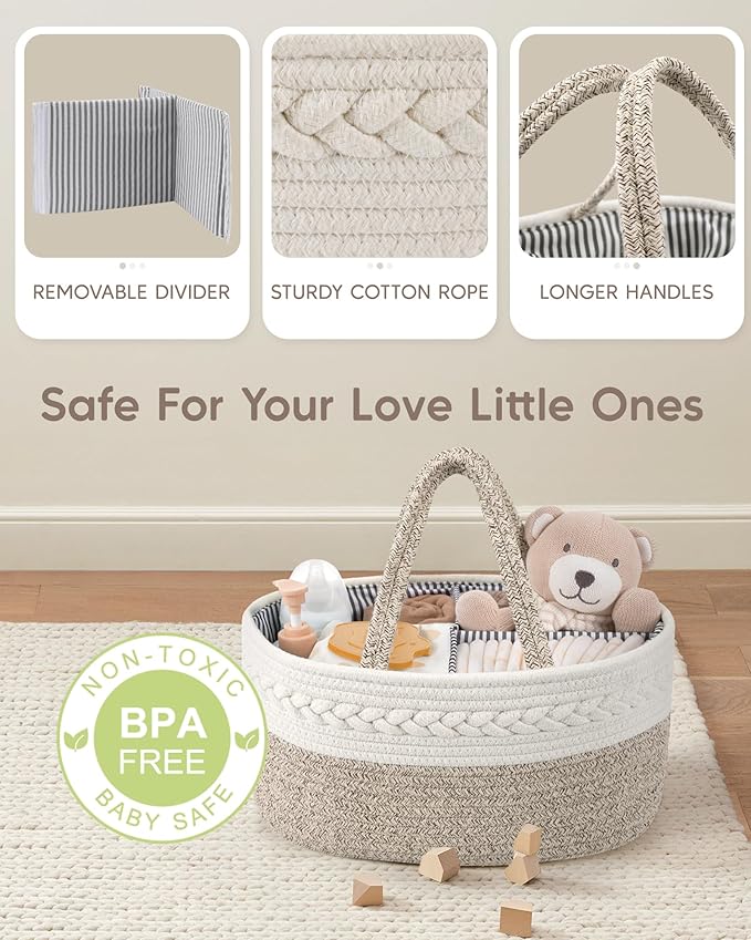 Maliton Diaper Caddy Organizer for Baby, Cotton Rope Baby Gift Basket, Portable Diaper Organizer for changing table, Nursery 