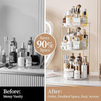 Delamu 3 Tier Rotating Makeup Organizer for Vanity, Skincare Organizer for Bathroom Counter, Spinning Perfume Organizer Cosme