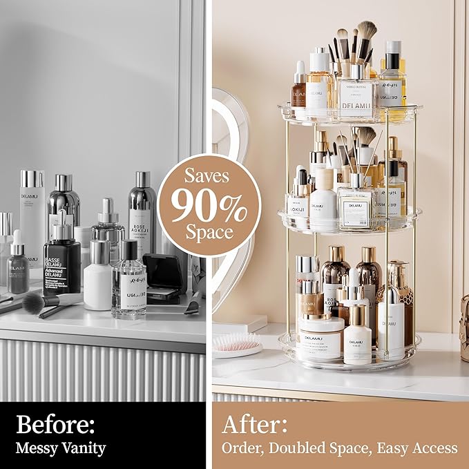 Delamu 3 Tier Rotating Makeup Organizer for Vanity, Skincare Organizer for Bathroom Counter, Spinning Perfume Organizer Cosme