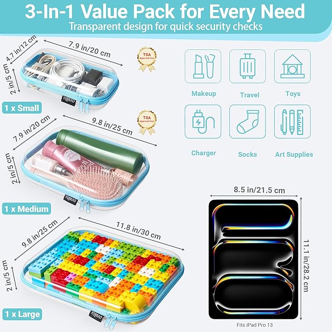 YQBRAO 3 Pack Hard Sided Clear Zipper Case for Storage- Thickened-Grade Clear Hard Shell Zipper Case for Organizing Bead, Han