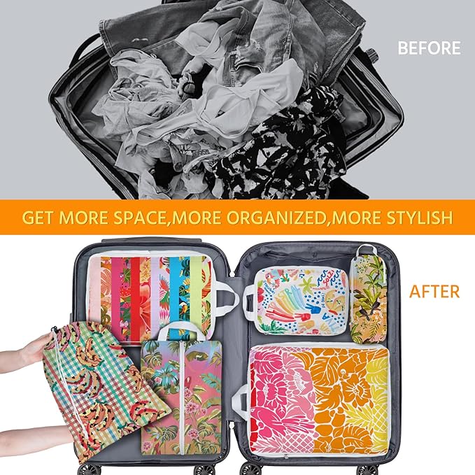6 Pcs Compression Packing Cubes Waterproof Suitcase Travel Bag Luggage Backpack Organizer Travel Cubes for Packing-Tropical B
