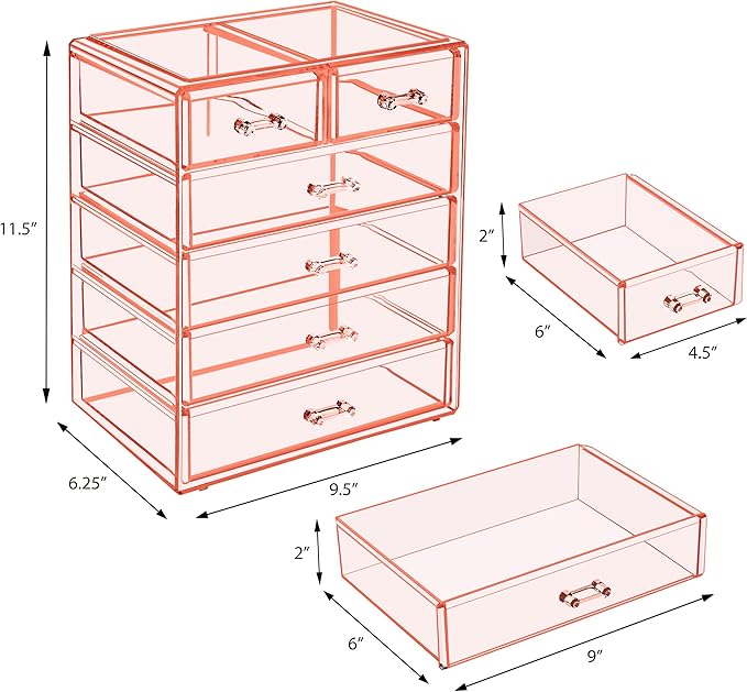 Sorbus Acrylic Makeup Organizer Set, 6-Drawer Vanity & Countertop Cosmetic Storage with Small & Wide Drawers, Pink Makeup Sto